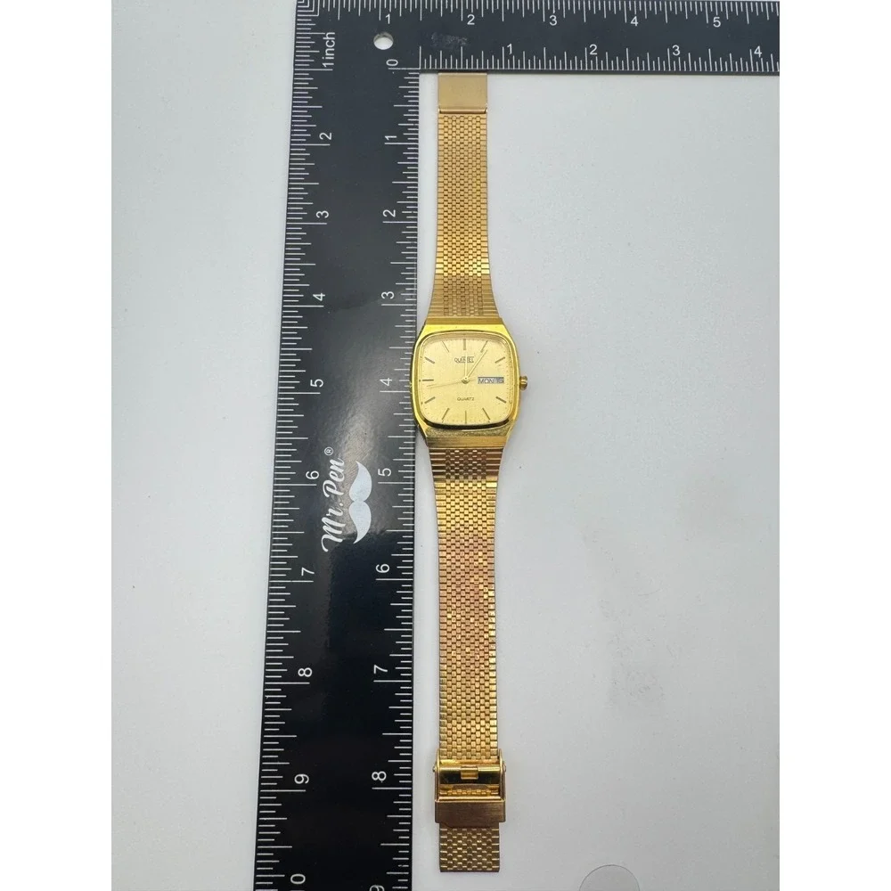 Vintage Quintel Watch Mens TV Case Mesh Band Day Date Quartz Retro WORKING